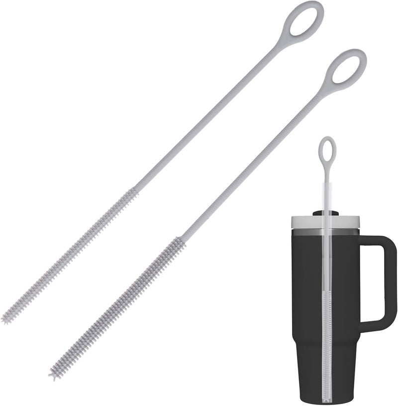 Kimryde Silicone Straw Cleaner Brush, 2Pcs Reusable Straw Brush Extra Long for Cleaning Tumbler with Handle and Glass Metal Smoothie Straws, Non-slip Handle Soft and Bendable, 6mm+9mm (Gray) - Image 1